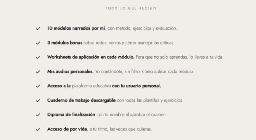Algunos de los beneficios que ofrece la mediática en el curso (Foto: Captura Página Web)