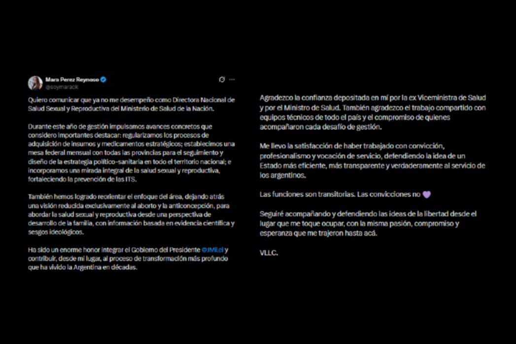 Una funcionaria cercana a Patricia Bullrich anunció su salida del Ministerio de Salud 6 Mara Pérez Reynoso, Directora Nacional de Salud Sexual y Reproductiva del Ministerio de Salud, anunció este martes su salida de la cartera que conduce Mario Lugones