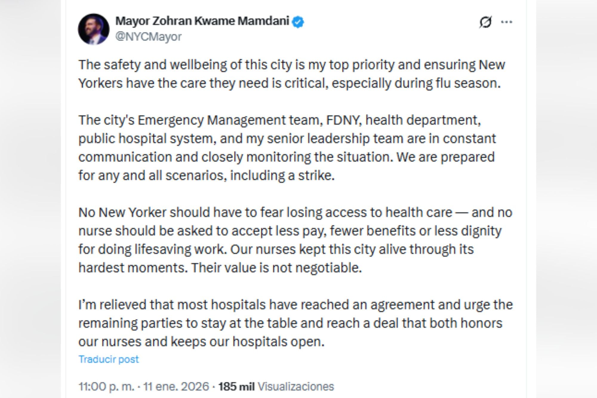 El comunicado de Mamdani ante la huelga de enfermeras en el estado de Nueva York