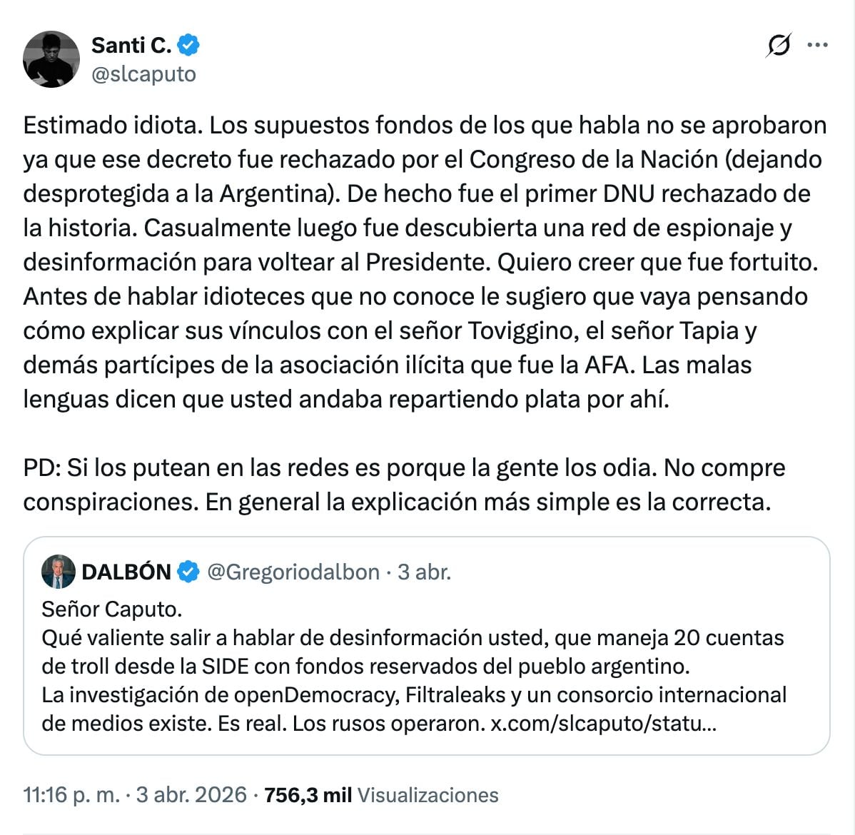 El intercambio entre Gregorio Dalbón y Santiago Caputo en X