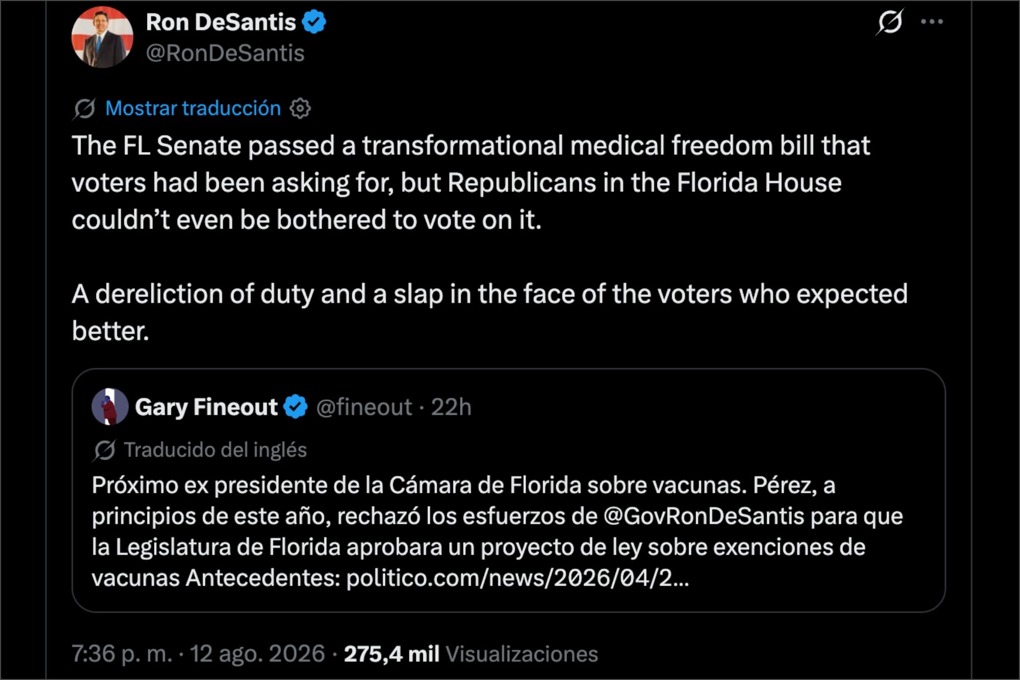DeSantis criticó a los republicanos de la Cámara de Representantes y calificó la falta de avance del proyecto de ley como