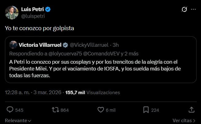 La respuesta de Petri a Villarruel en X