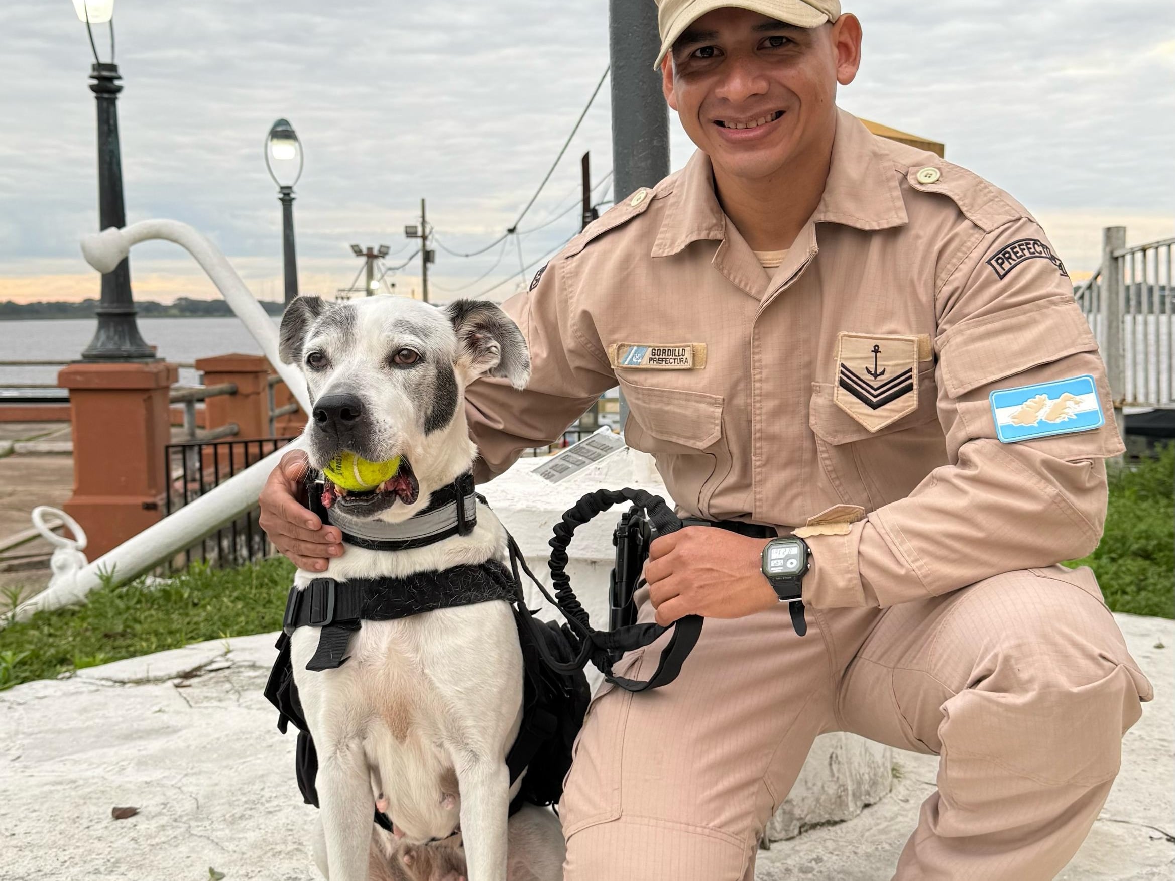 Mía, con la pelota que es su juego preferido, y Gordillo