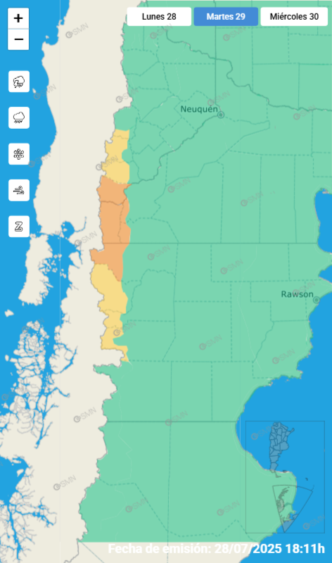 Las alertas emitidas por el SMN para este martes 29 de julio.