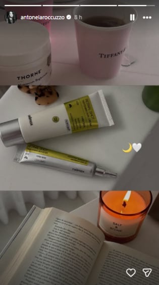 La rosarina decidió terminar el día con su rutina de cuidado de la piel, un té, un libro y una vela (Foto: Instagram @antonelaroccuzzo)