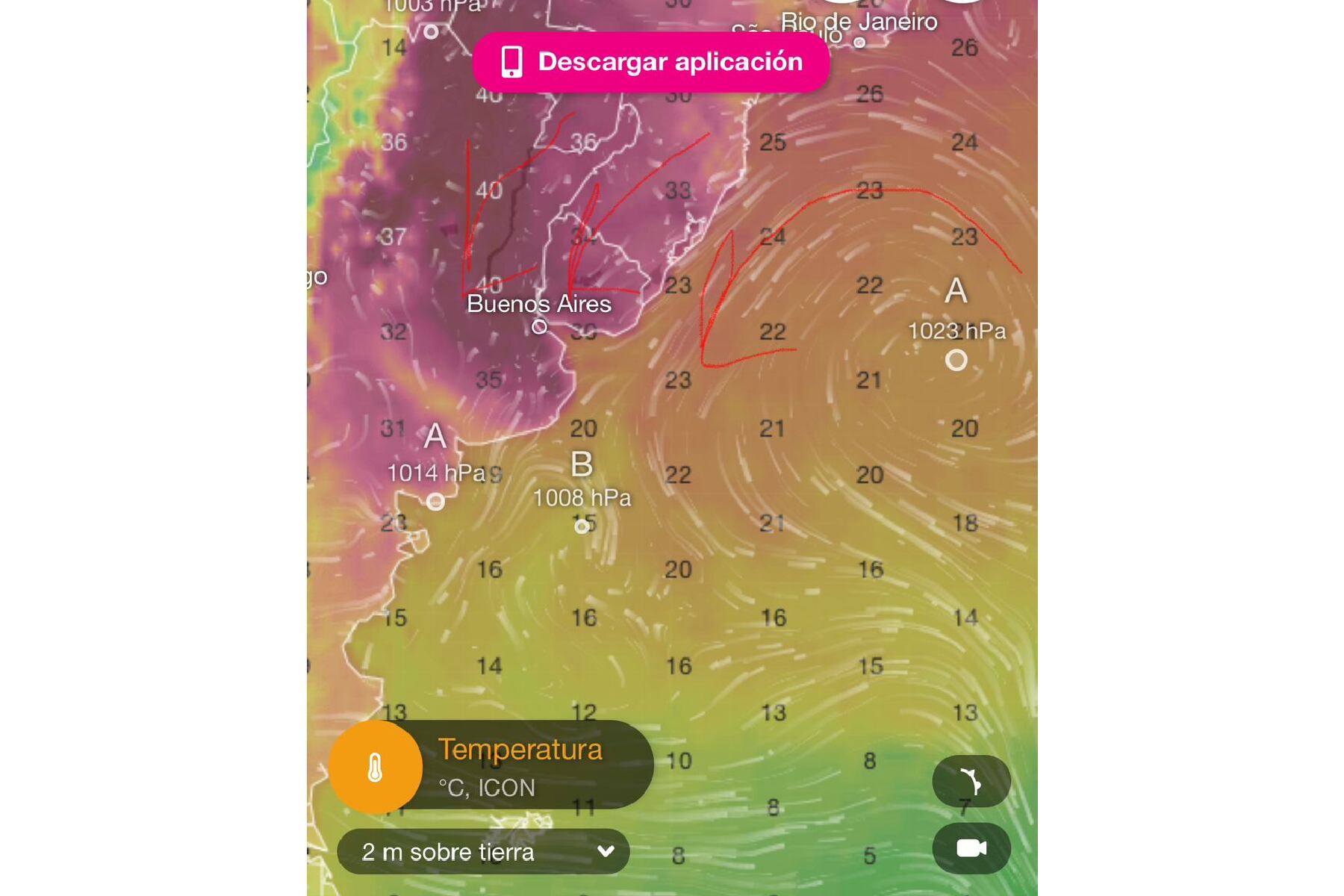 Posición a la que se desplazaría el anticiclón entre el miércoles y jueves, de acuerdo a lo que indicó Cindy Fernández