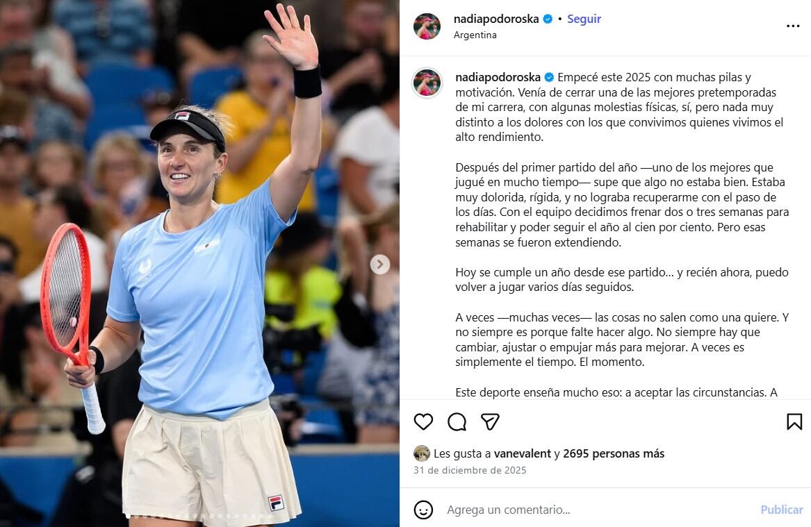 El posteo de Nadia Podoroska donde contó las reiteradas lesiones que la obligaron a apartarse, parcialmente, del circuito de la WTA