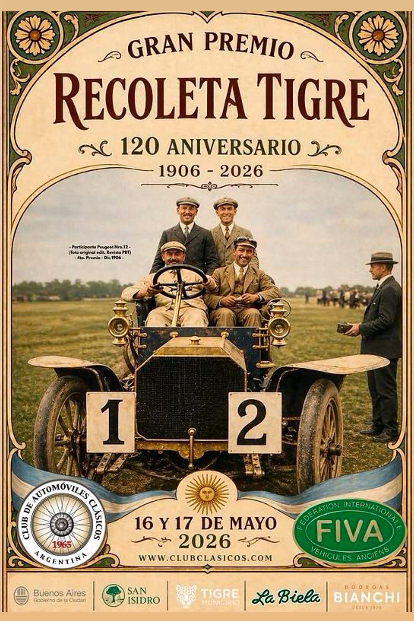 El afiche de promoción del Recoleta-Tigre en vísperas de su 120º aniversario, con ilustración de un Peugeot que resultó 4º en la primera realización, en diciembre de 1906.