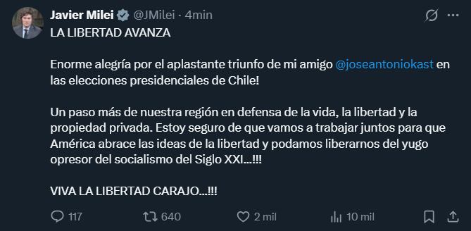 Milei festejó la victoria de su