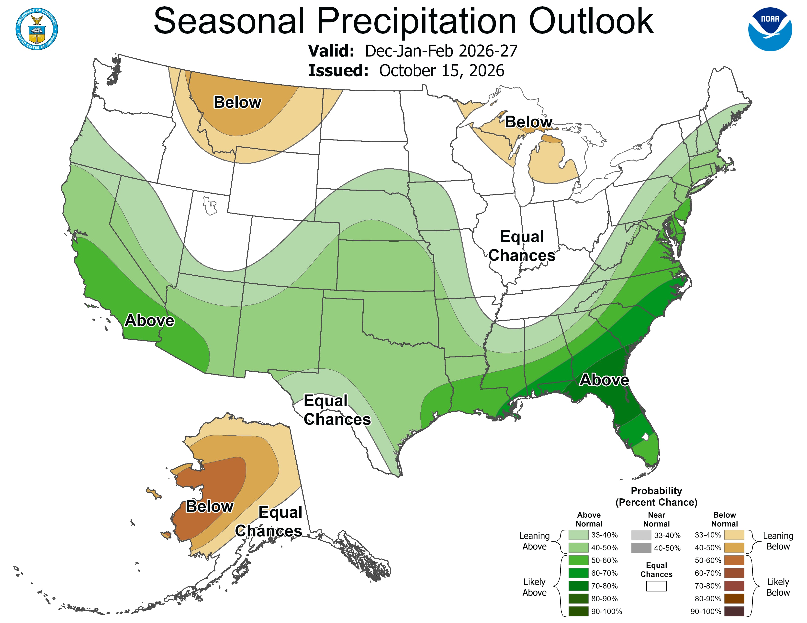 El mapa de las precipitaciones para los próximos tres meses. En verde, las zonas con lluvias por sobre la media