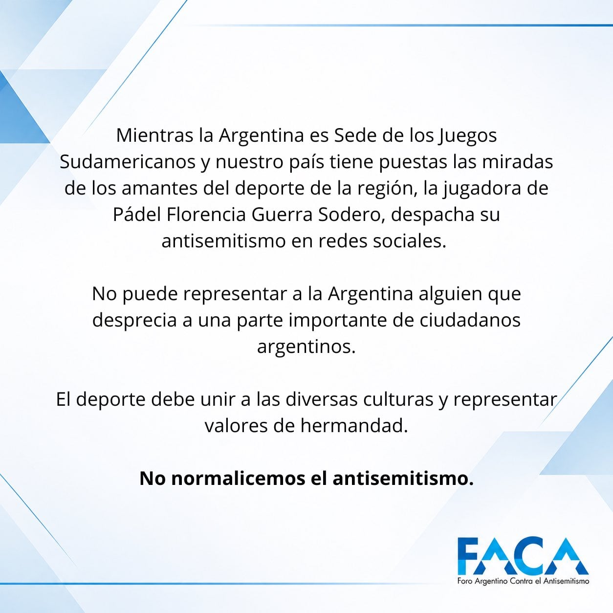 La Asociación de Pádel Argentino apartó de la delegación nacional a Florencia Guerra Sodero por comentarios antisemitas.