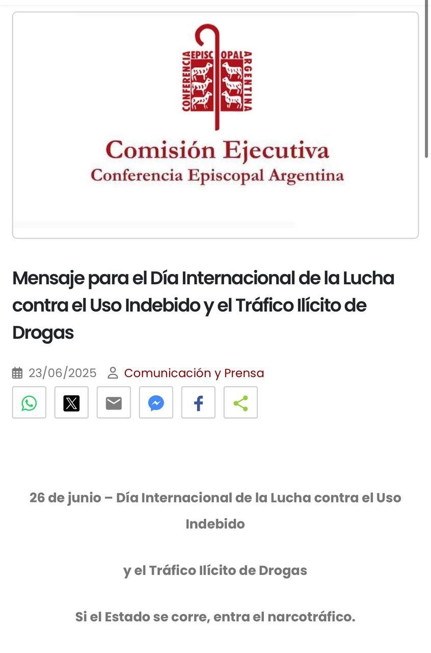 La Iglesia difundió este lunes un documento con un mensaje por el Día Internacional de la Lucha contra el Uso Indebido y el Tráfico Ilícito de Drogas