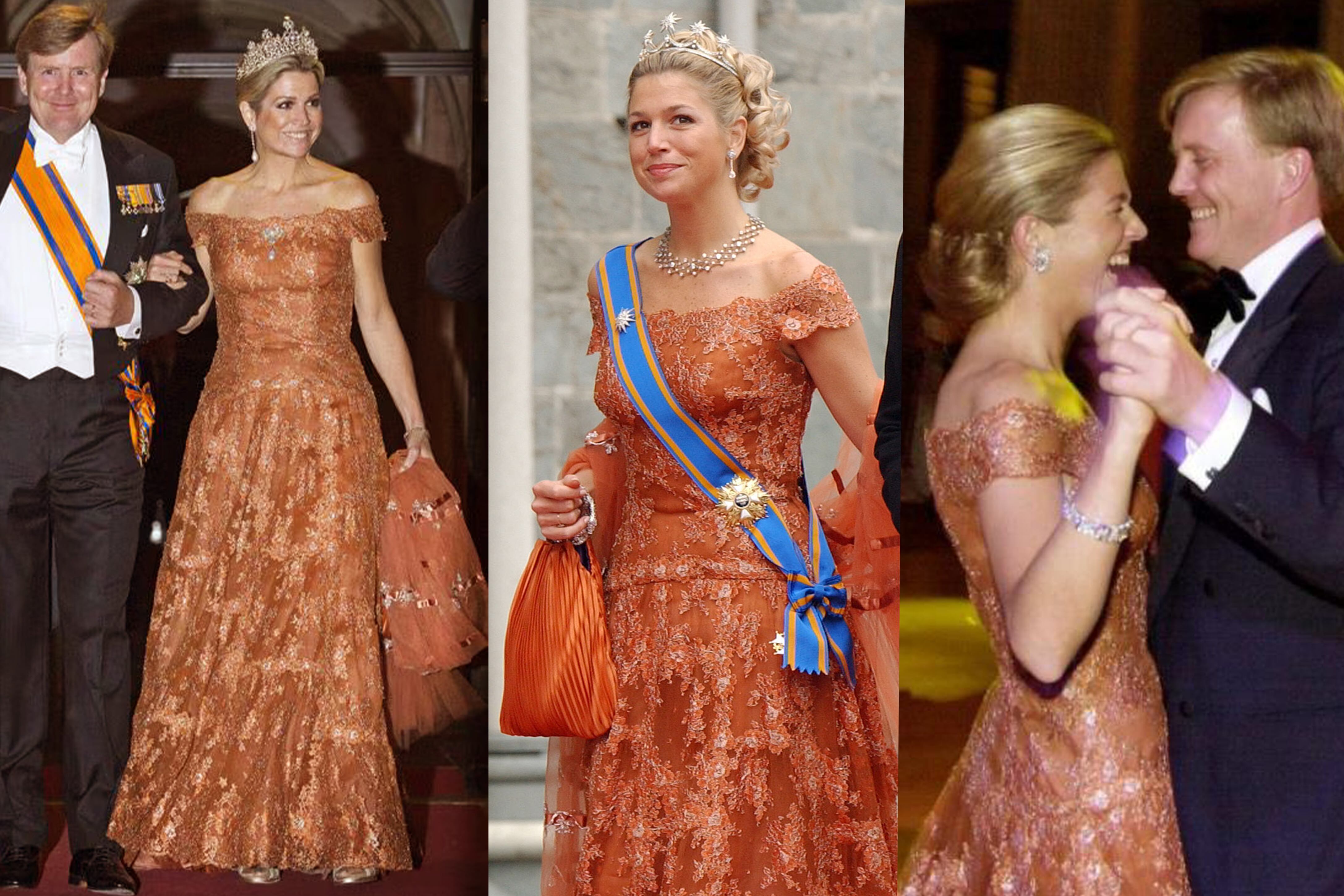 En 2002, llegando a la boda de la princesa Martha Luisa de Noruega con Ari Behn, en Trondheim, con el mismo traje de encaje off shoulder que Valentino le diseñó especialmente para la comida previa a su boda con Guillermo Alejandro y que también usó en una cena de gala para el Cuerpo Diplomático en el Palacio Real de Ámsterdam, en 2015 (centro).
