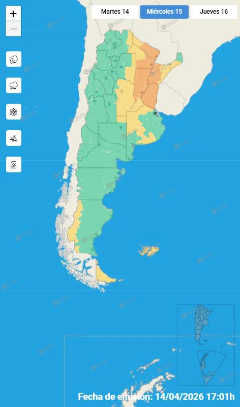 Las alertas emitidas para este miércoles 15 de abril