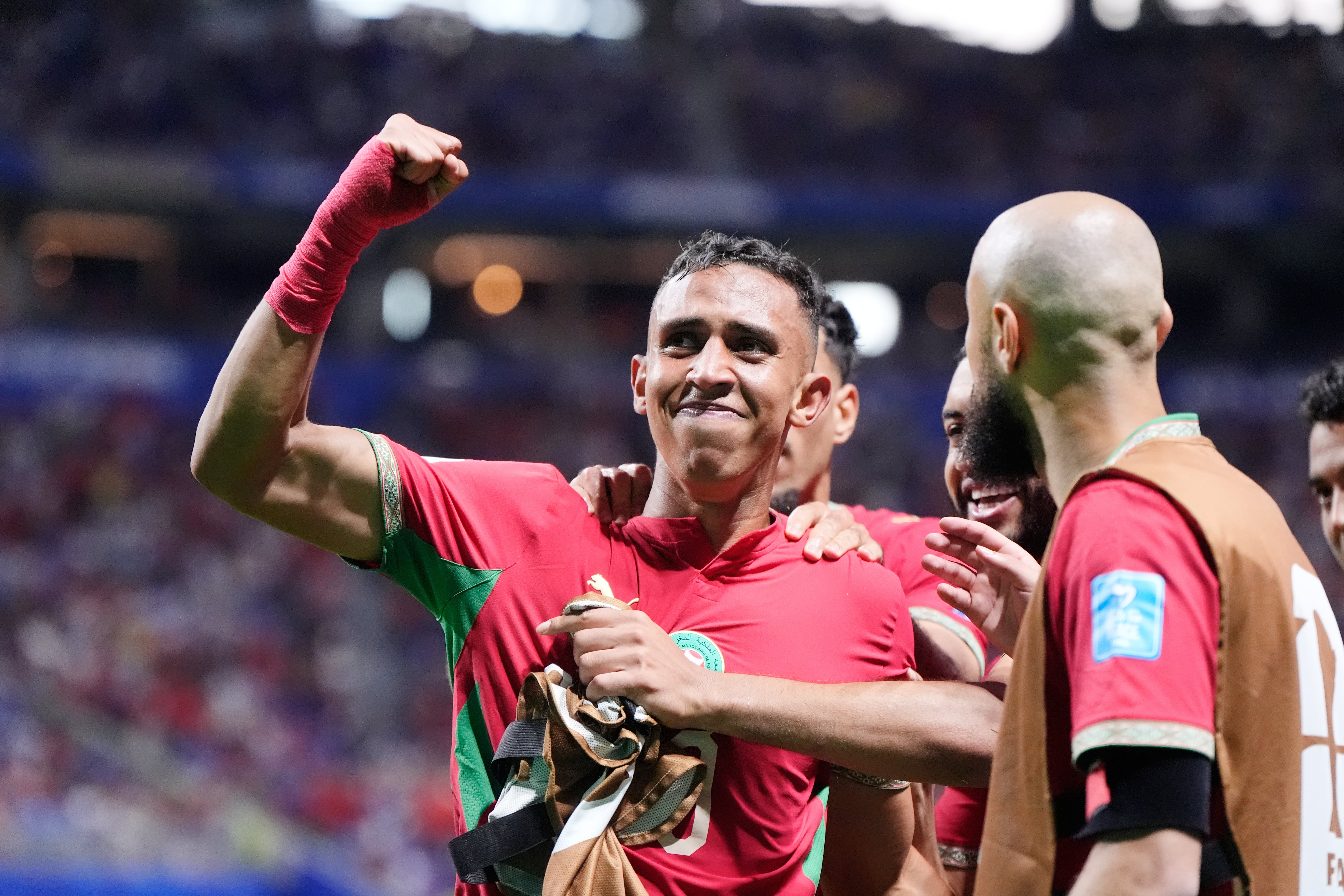 Soufiane Rahimi, de Marruecos, festeja luego de anotar ante Haití (AP Foto/Mike Stewart)
