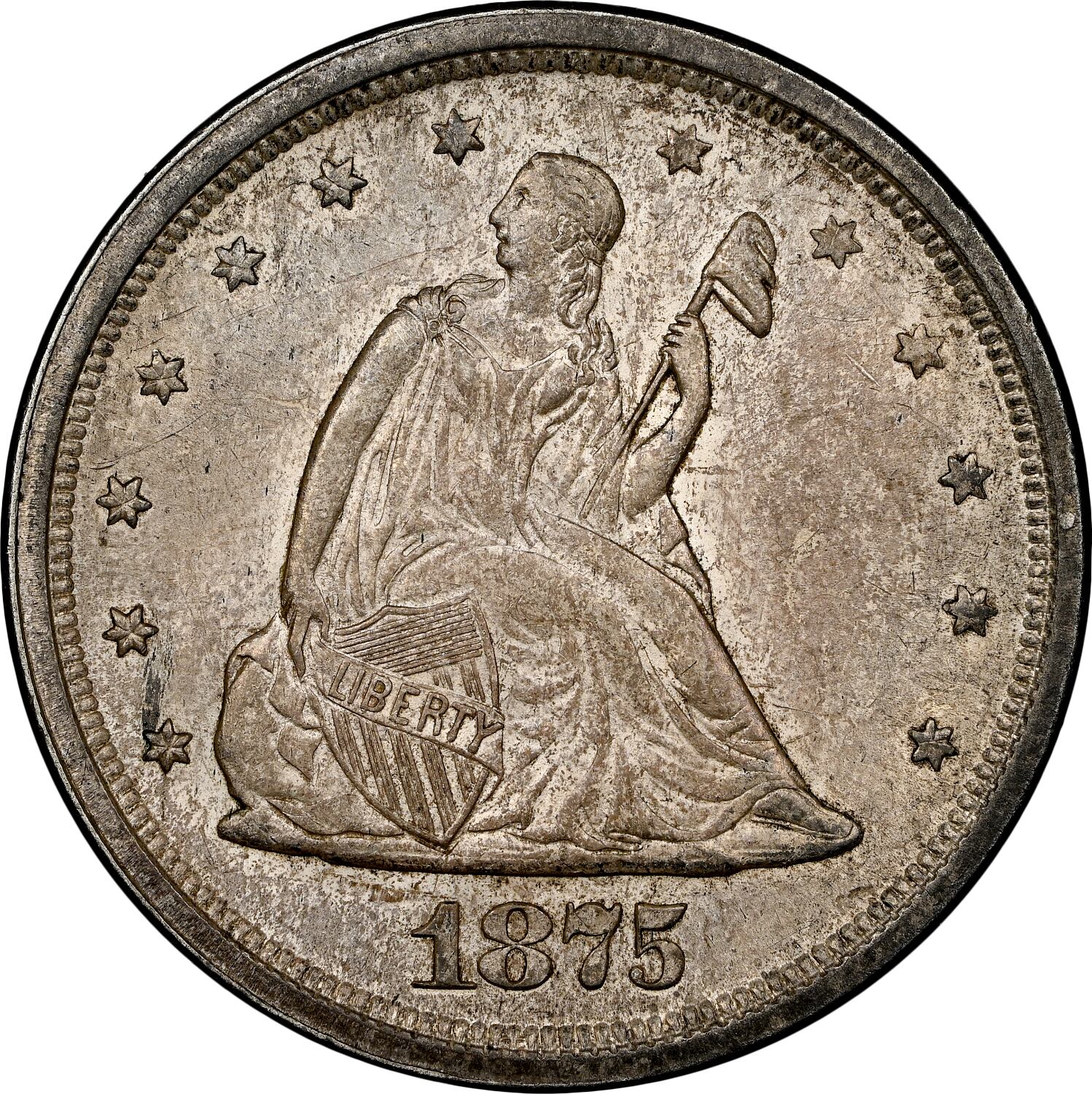 La moneda 20 centavos de 1875-S se caracteriza por tener la figura de Libertad de Gobrecht sentada sobre una roca