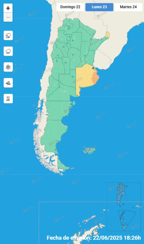 Las alertas emitidas por el SMN para este lunes 23 de junio.