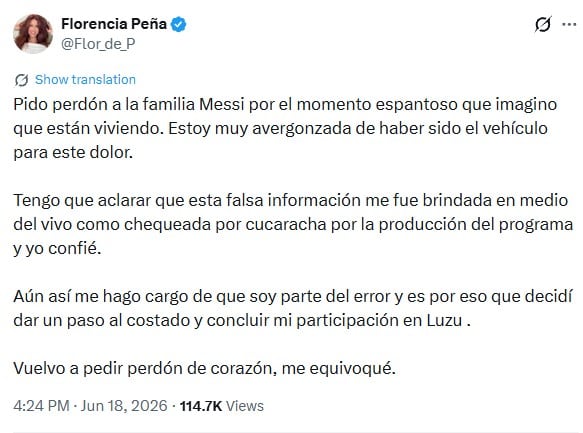 Nicolás Occhiato habló de “errores humanos”, pero dijo que tomó “la decisión que tenía que tomar” 6 El posteo de Florencia Peña