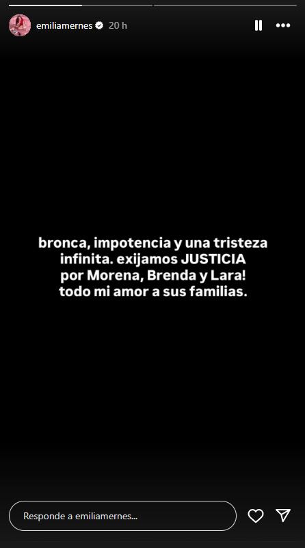 El contundente mensaje de Emilia Mernes tras el triple crimen (Captura: Instagram @emiliamernes)