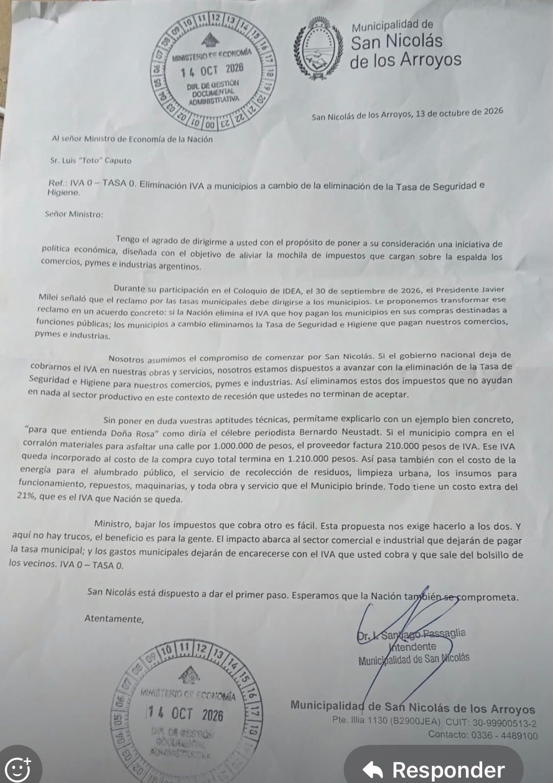 La carta enviado por Passaglia, dirigida a Luis Caputo