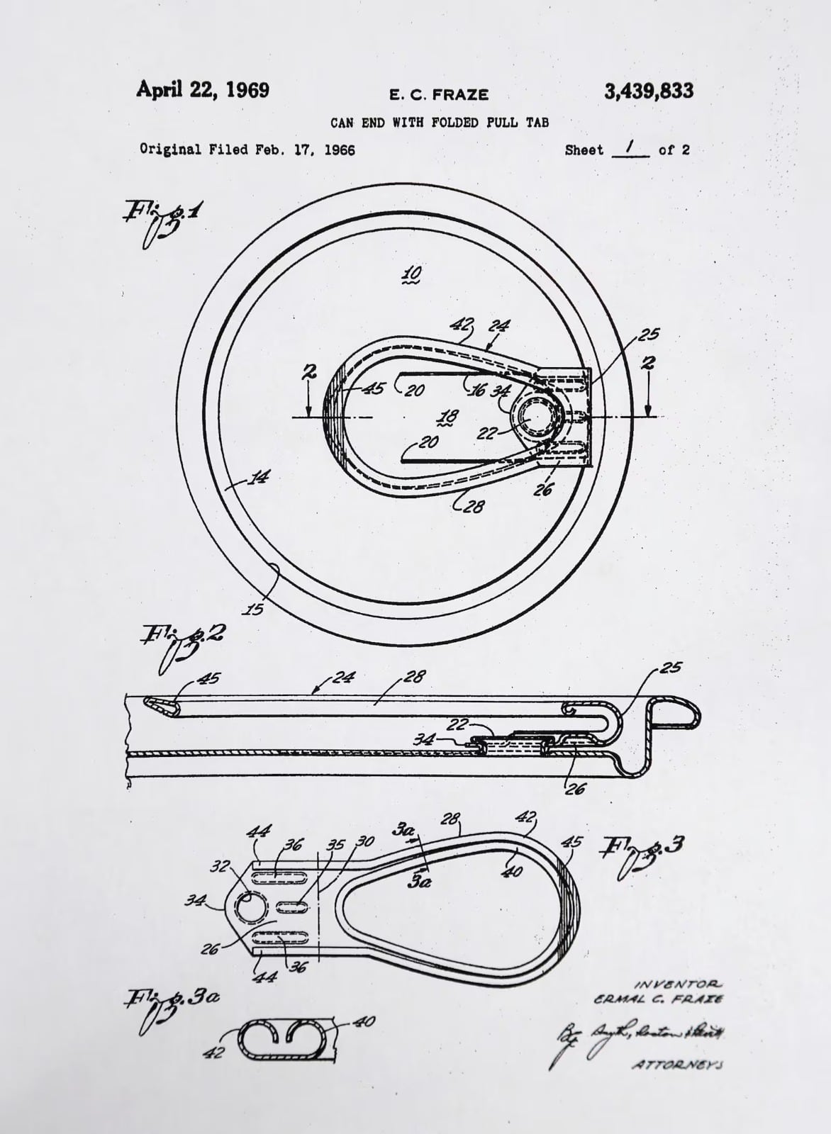 Esquema de una de las patentes de Ermal Cleon Fraze para la tapa de apertura fácil de latas (1969)