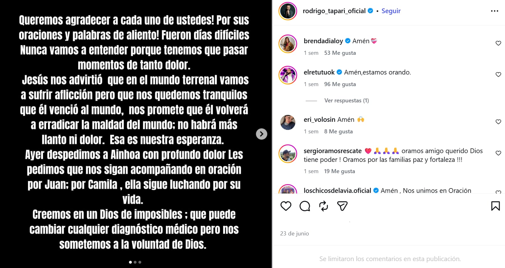 El músico acompaña a la familia desde el momento en que ocurrió la tragedia (Captura: Instagram @rodrigo_tapari_oficial)