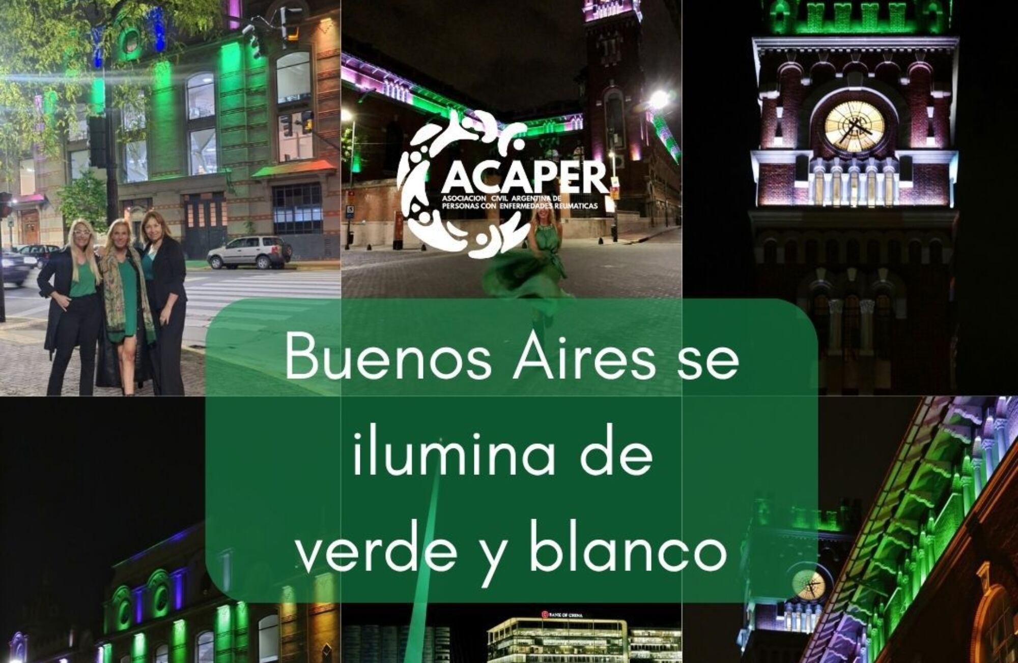 Mariana logró iluminar edificios públicos de verde y blanco en el Día Nacional del Paciente con Artritis Reumatoidea.