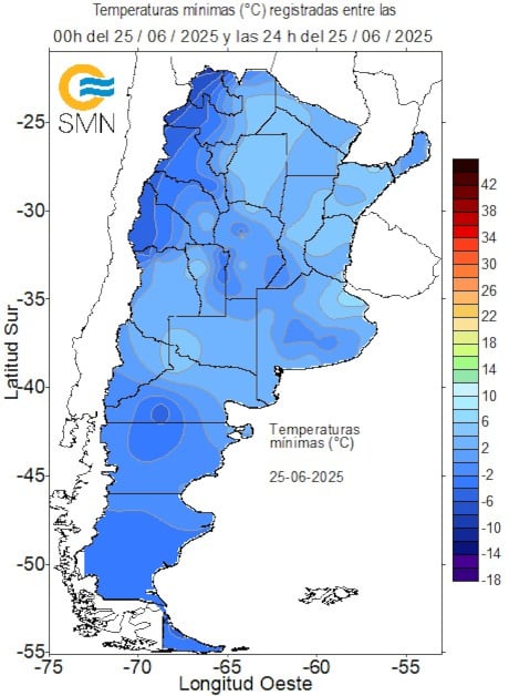 Temperaturas mínimas este miércoles en la Argentina
