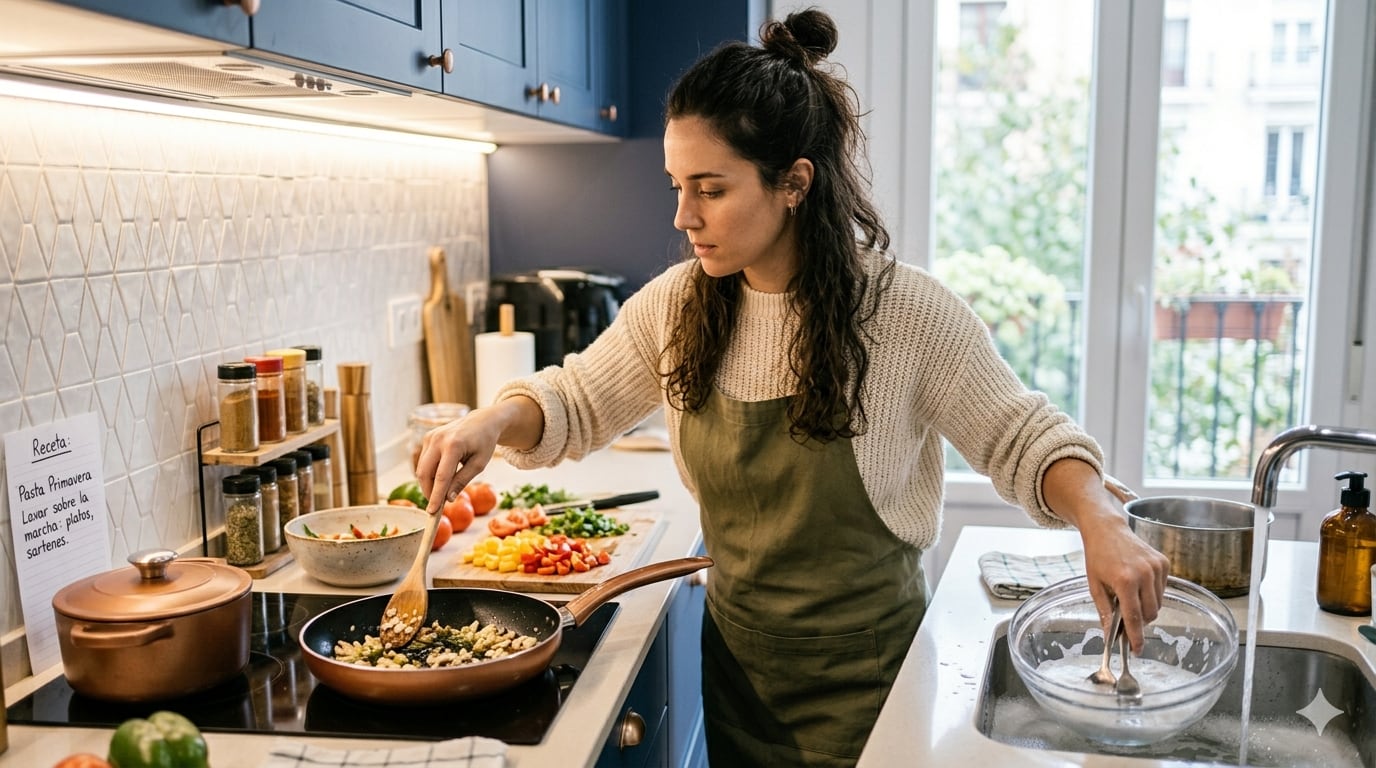 Lavar mientras cocinás te permite disfrutar de la sobremesa sin pensar en el desorden (Foto: IA)