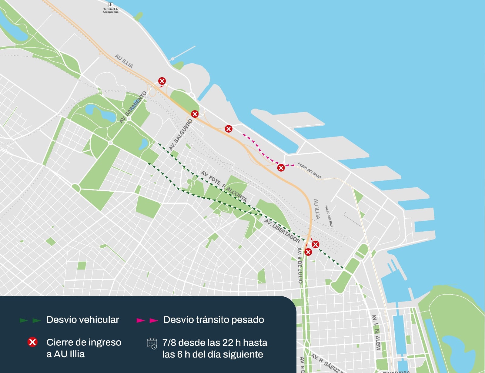 Desde las 22 y hasta las 6 del sábado, permanecerán cerradas la autopista Illia en sentido al norte y un tramo de la avenida Cantilo debido al avance de las obras del Paso Bajo Nivel y Anillo Peatonal Pampa
