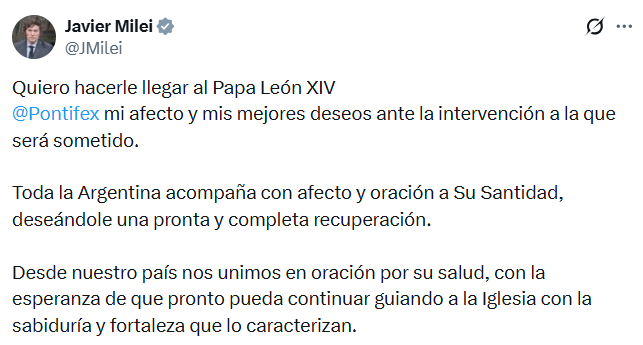 El mensaje que compartió Milei tras conocerse que el papa León XIV será sometido a una cirugía