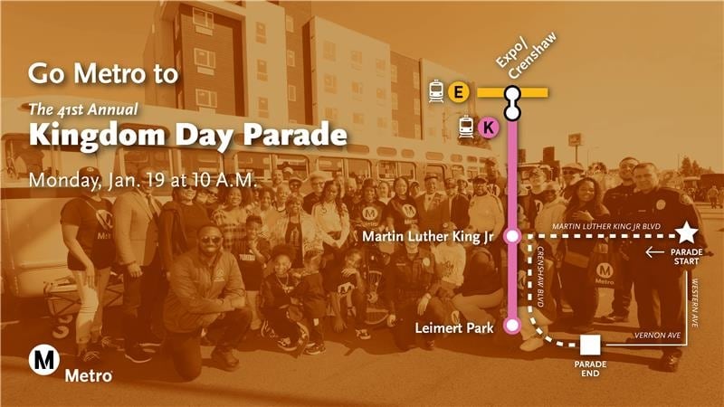 Se podrá tomar la Línea K hasta las estaciones MLK Jr. o Leimert Park, ambas en la ruta del desfile