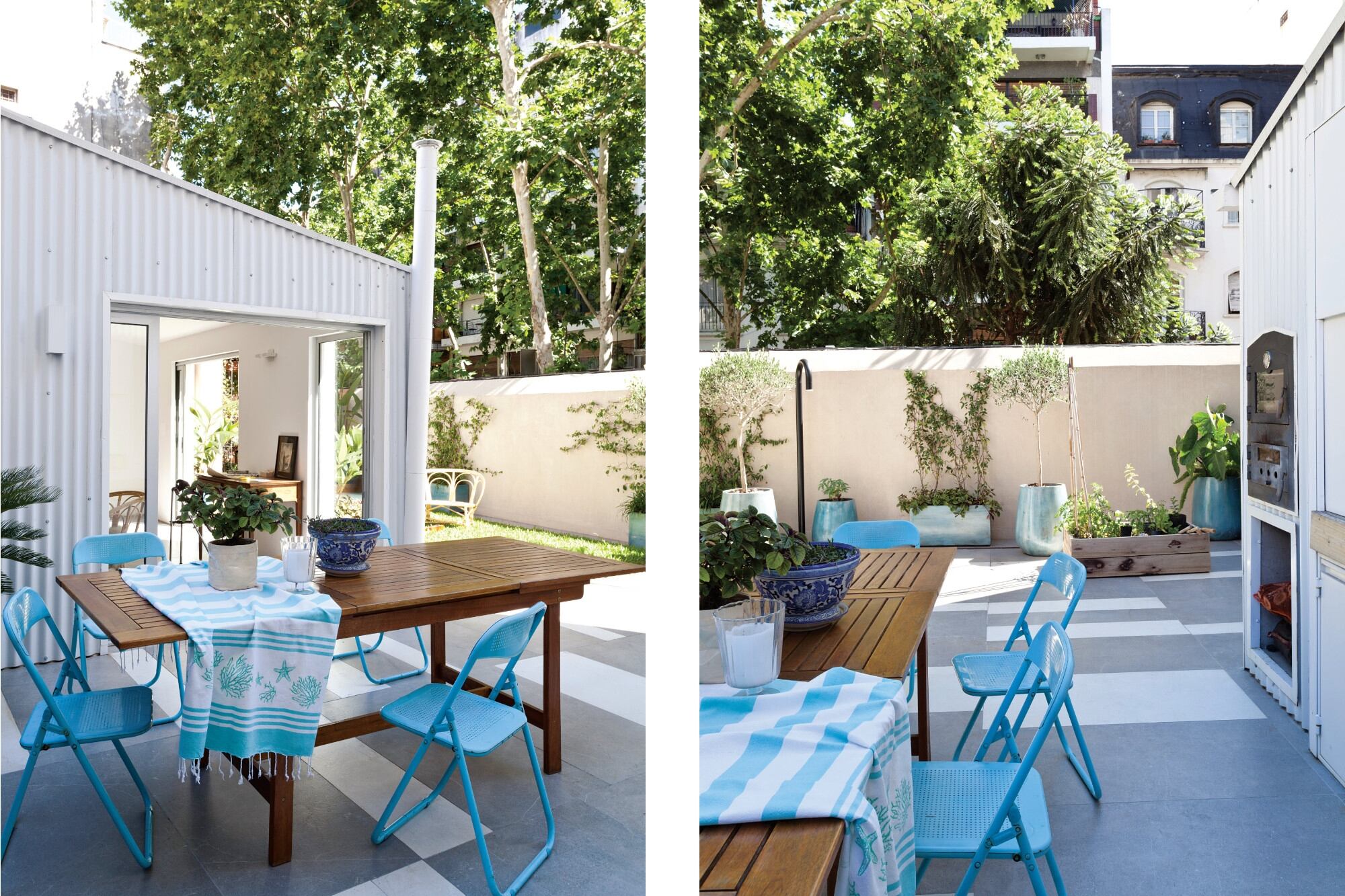 Mesa de madera (EcoMadera) y sillas turquesas (Jumbo). Con asesoramiento de Ángeles Casares (Folia Studio), se realizó un estudio de sombras para determinar qué plantas ubicar.