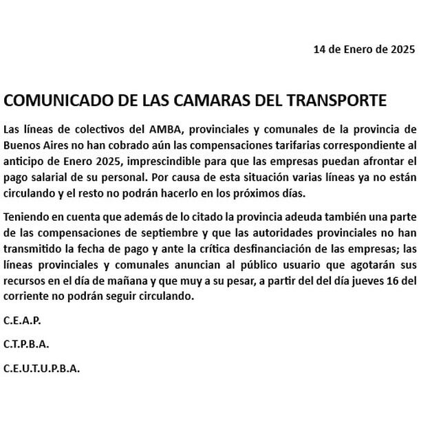 Comunicado de las cámaras empresariales sobre el paro de colectivos en la provincia de Buenos Aires de este jueves 16 de enero