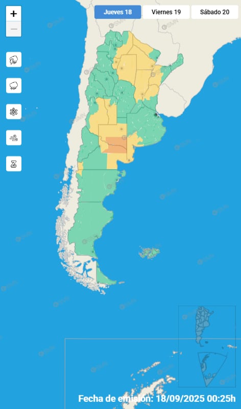 El mapa de alertas para este jueves 18 de septiembre