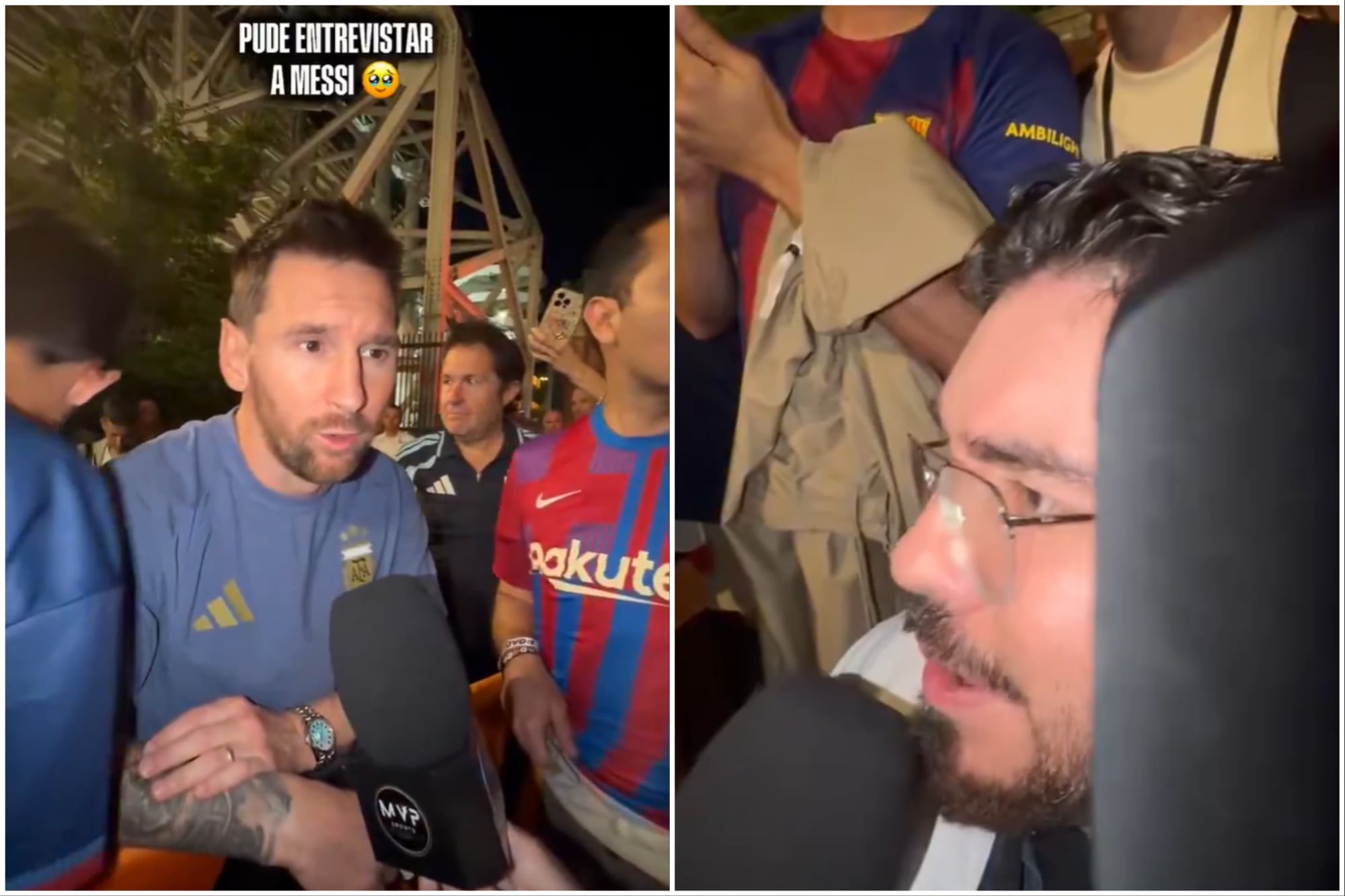 Leo Messi, tras el partido ante Islandia, conversando con el periodista Manu Gutiérrez, que padece parálisis cerebral