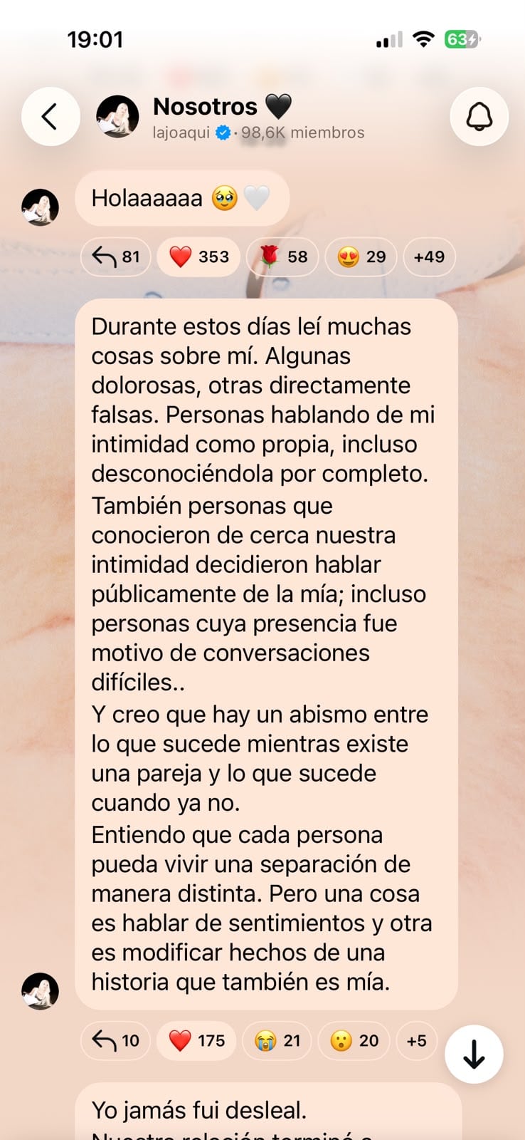 Harta de las especulaciones alrededor de su nueva relación con Tiago PZK, la intérprete volcó un extenso descargo en su canal de difusión de Instagram