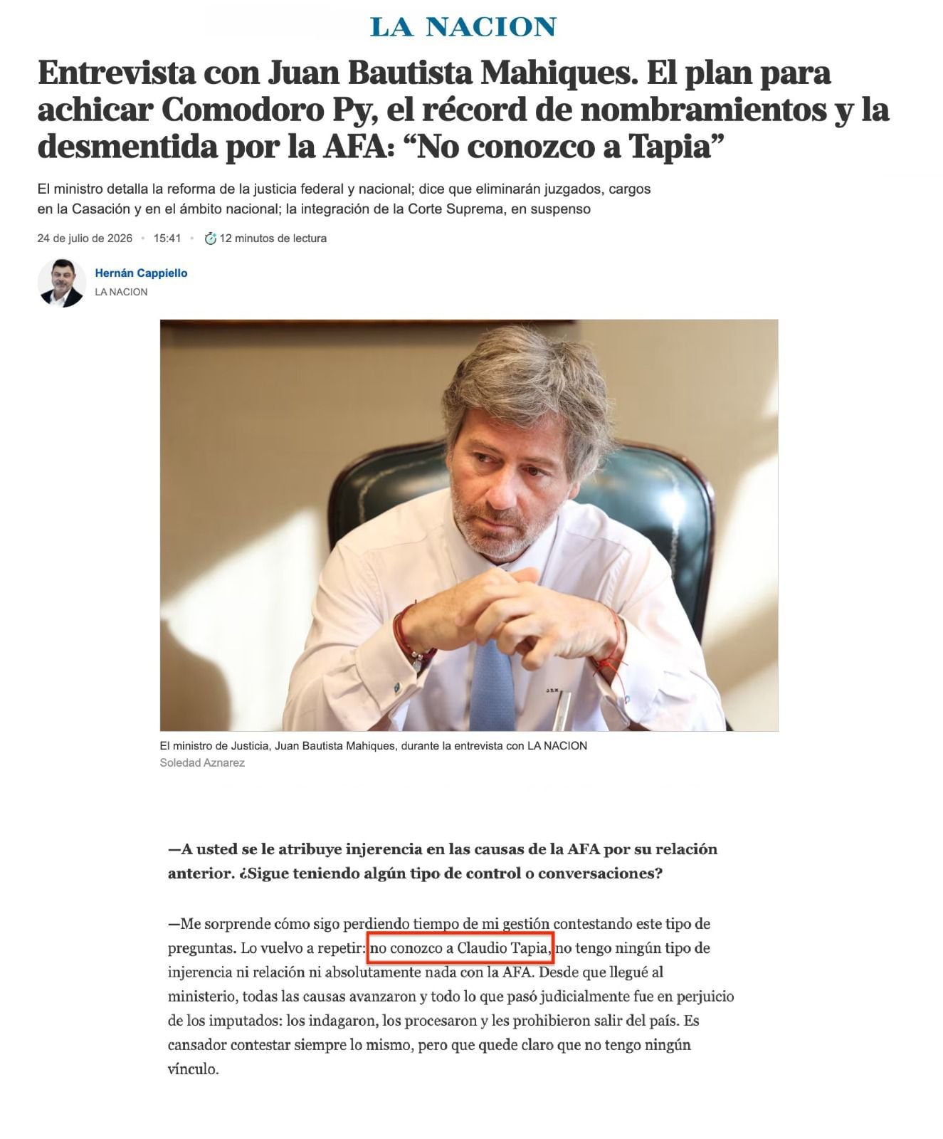 La entrevista de LA NACION a Juan Bautista Mahiques