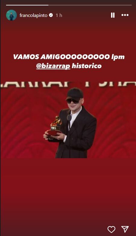 Franco Colapinto celebró el triunfo de Bizarrap en los Latin Grammy (Foto: Instagram: @francolapinto)