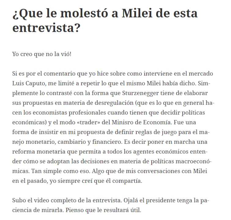 El mensaje completo de Cavallo a Milei