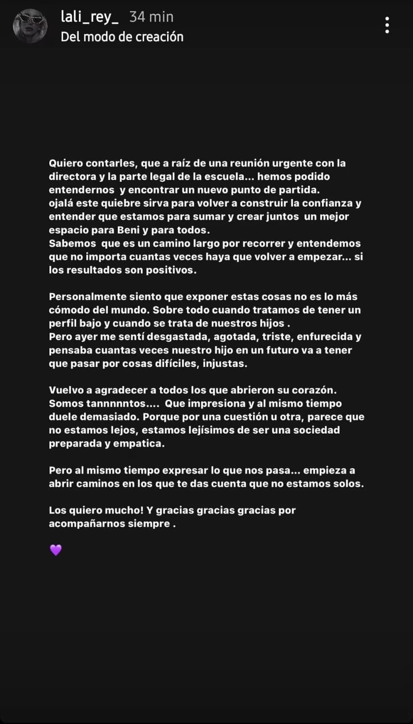 Laura, la esposa de Rodrigo Rey, comunicó que pudo llegar a un acuerdo con la Institución (Foto: captura Instagram/@lali_rey_)