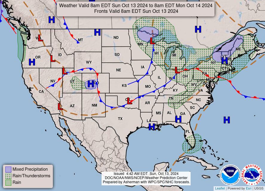 El mapa del pronóstico del clima en EE.UU. para este domingo 13 de octubre
