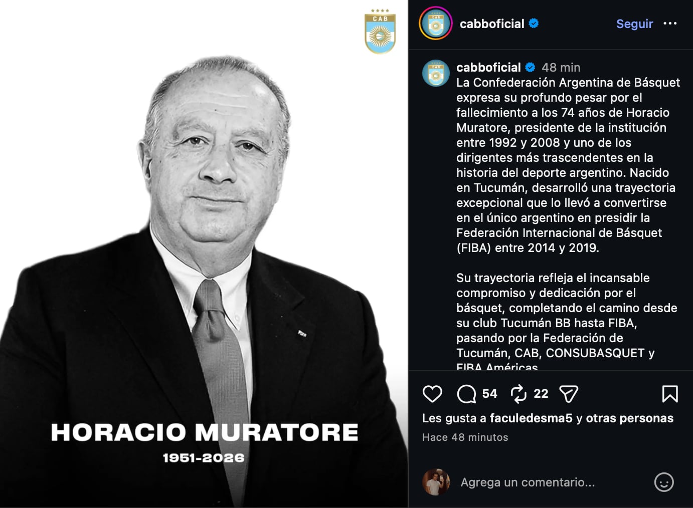 El posteo de la CABB por el fallecimiento de Horacio Muratore