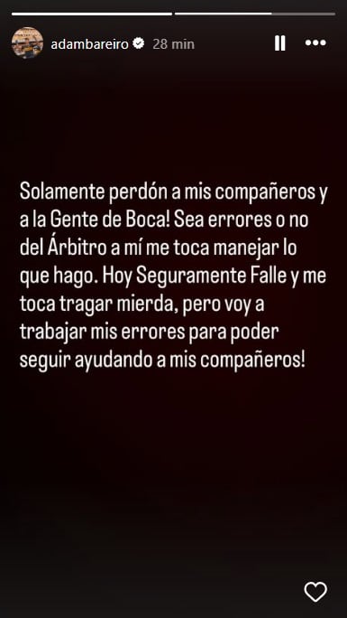 La publicación de Adam Bareiro en Instagram luego de su expulsión ante Cruzeiro.