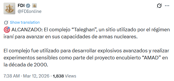 El anuncio de las FDI sobre la base nuclear atacada