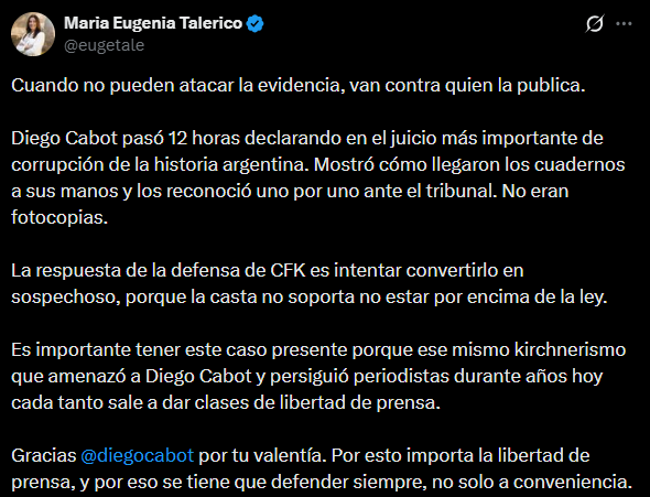 La publicación de María Eugenia Talerico en apoyo a Diego Cabot