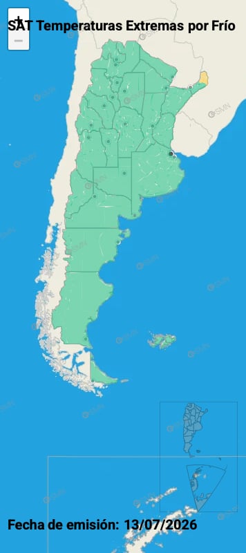 El mapa de temperaturas extremas del SMN para este martes