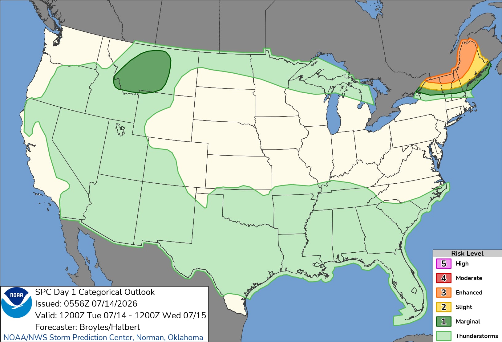 El Centro de Predicción de Tormentas (SPC) emitió un riesgo mejorado para el norte de Nueva York y Nueva Inglaterra