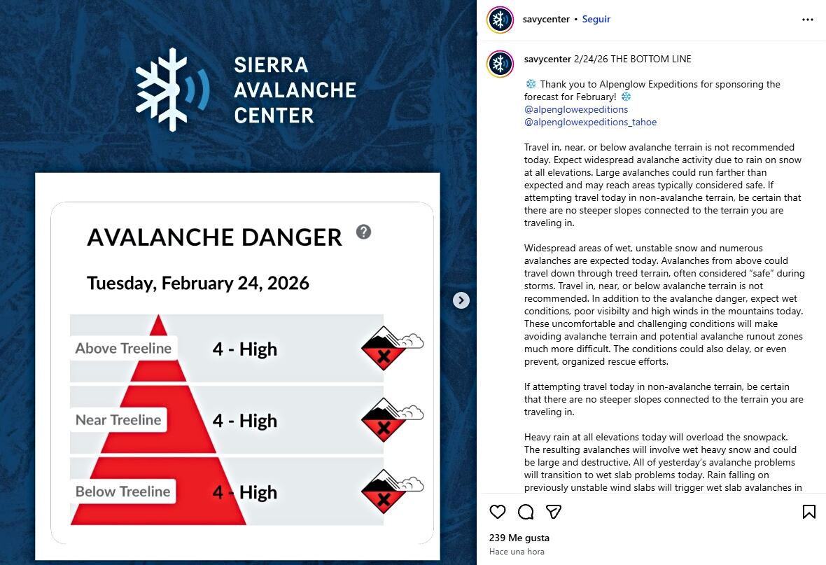 Existe un alto riesgo de avalanchas en zonas rurales, indica el Centro de Avalanchas de Sierra