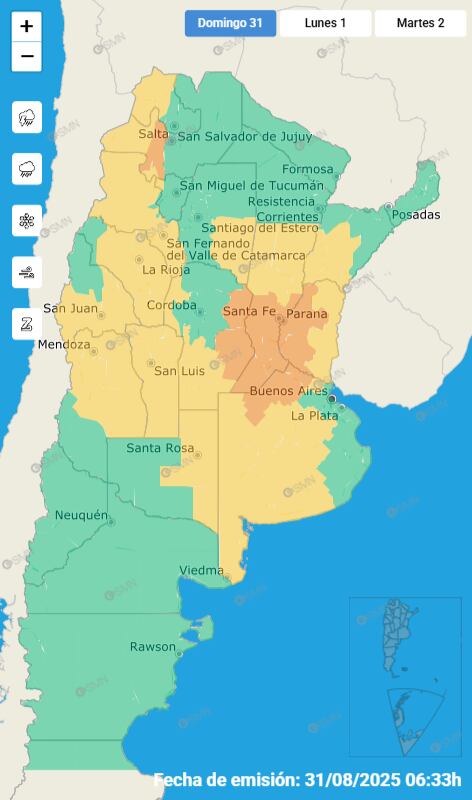 El mapa de las alertas para este domingo.